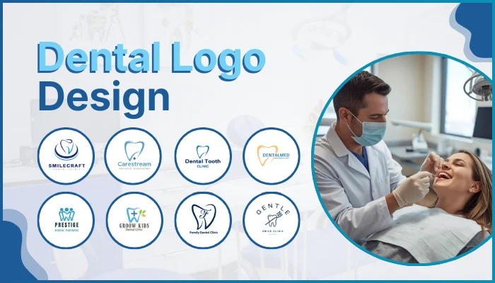 A banner showcasing multiple modern dental brand logos and a dentist treating a patient in a clinic, representing professional Dental Logo Design services by Dental SEO Services.
